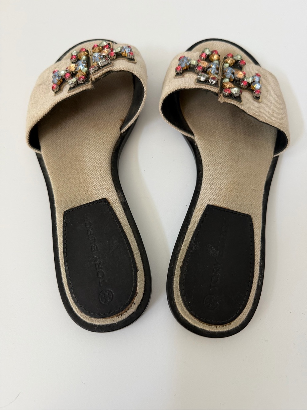 Tory Burch 10mm Ines Embellished Linen Slides in Neutral, Size 7 - Picture 4 of 9